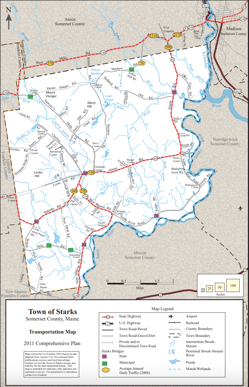 Transportation map of the Town of Starks, Maine, showing state and US highways, town roads, bridges, waterways/ponds, and traffic dots.